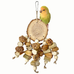 ROOJUNE perchoir face avant montrant la branche naturelle et les jouets, pour confort et stimulation