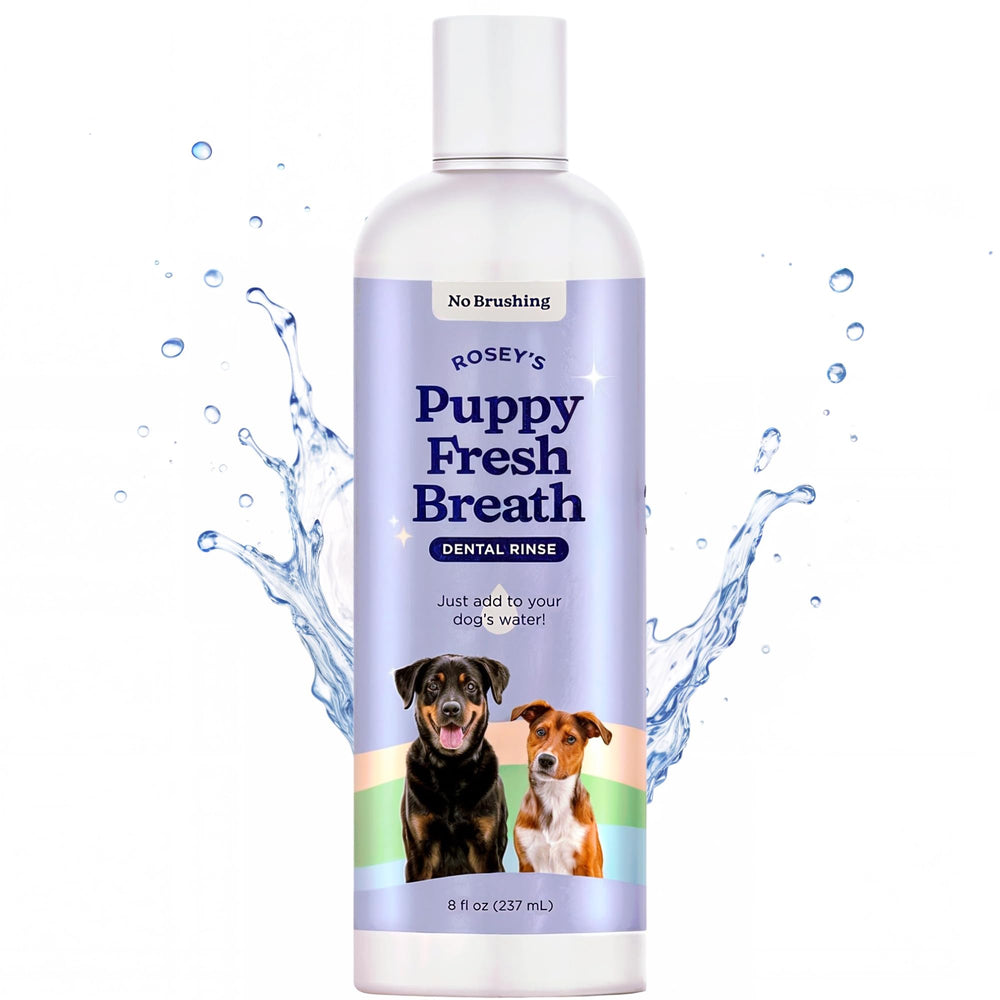 ROSEY'S PUPPY FRESH BREATH flacon et emballage montrant praticité