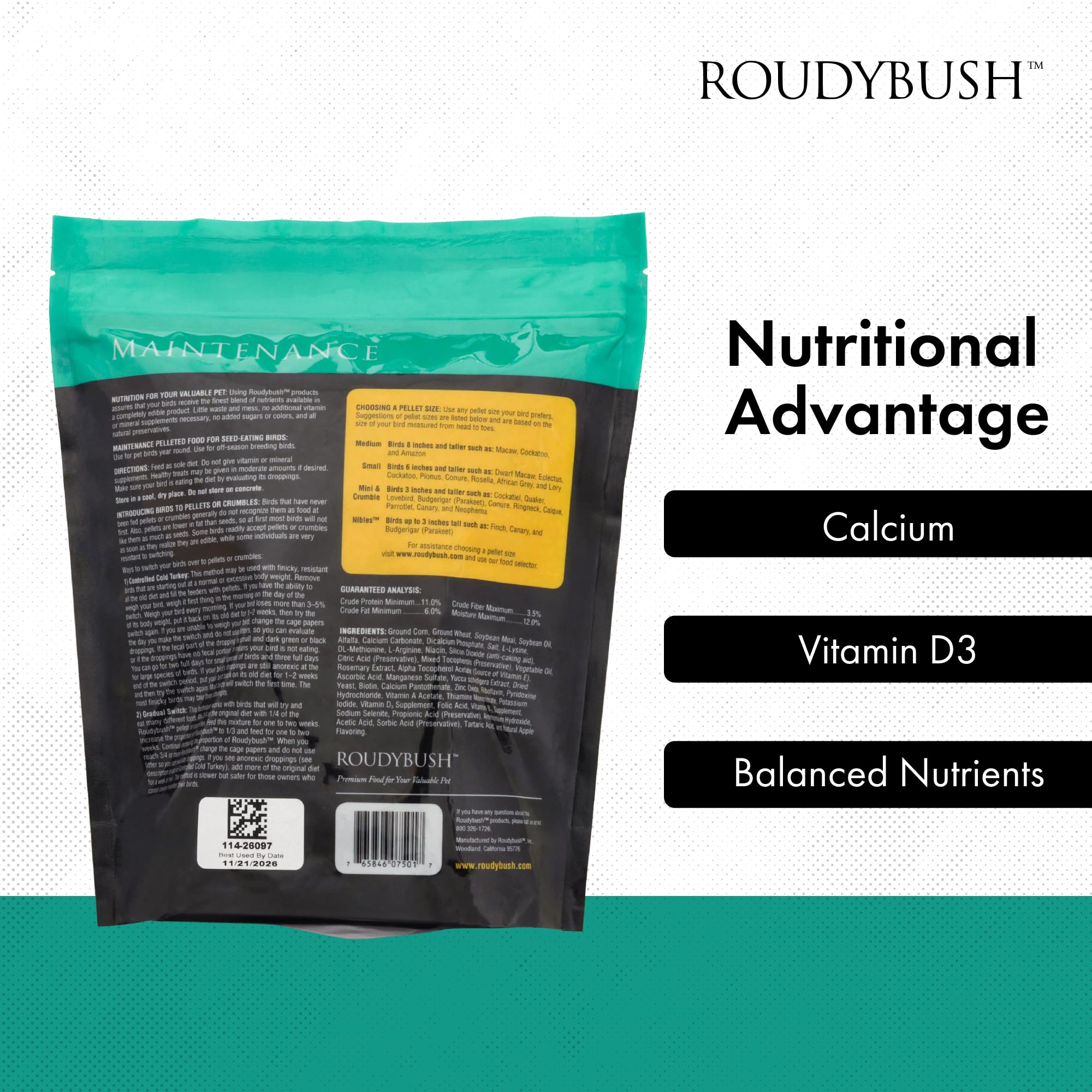 RoudyBush étiquette nutrition et ingrédients garantissant formulation cohérente