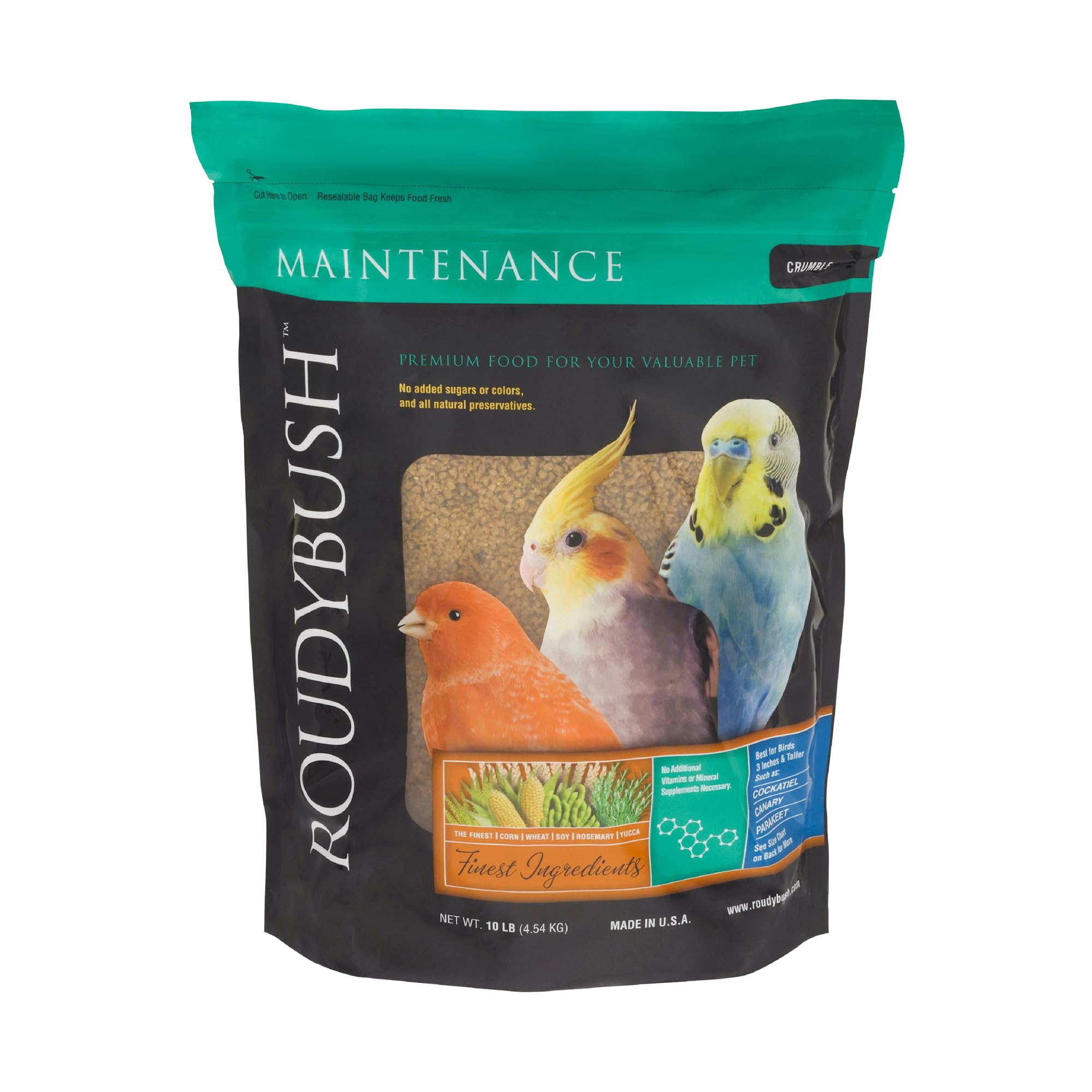 RoudyBush emballage avant montrant 10 lb et bénéfice commodité