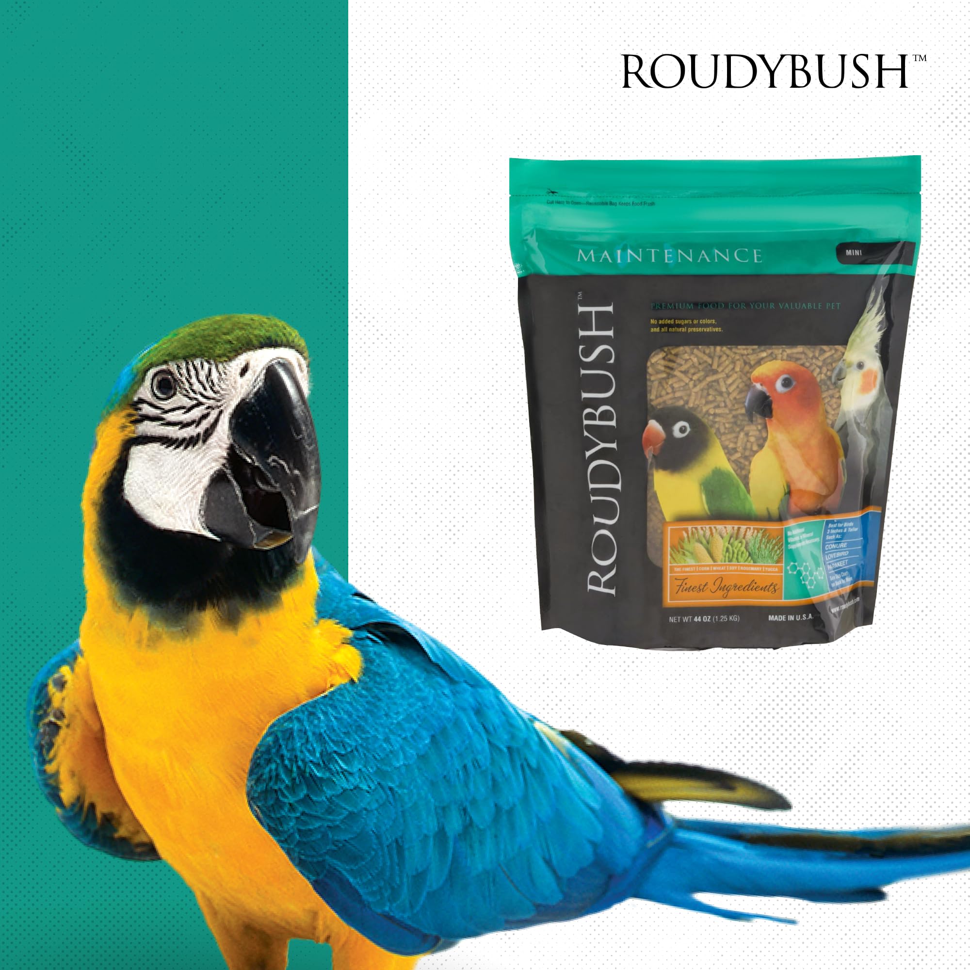 RoudyBush mise en scène dans cage illustrant alimentation quotidienne