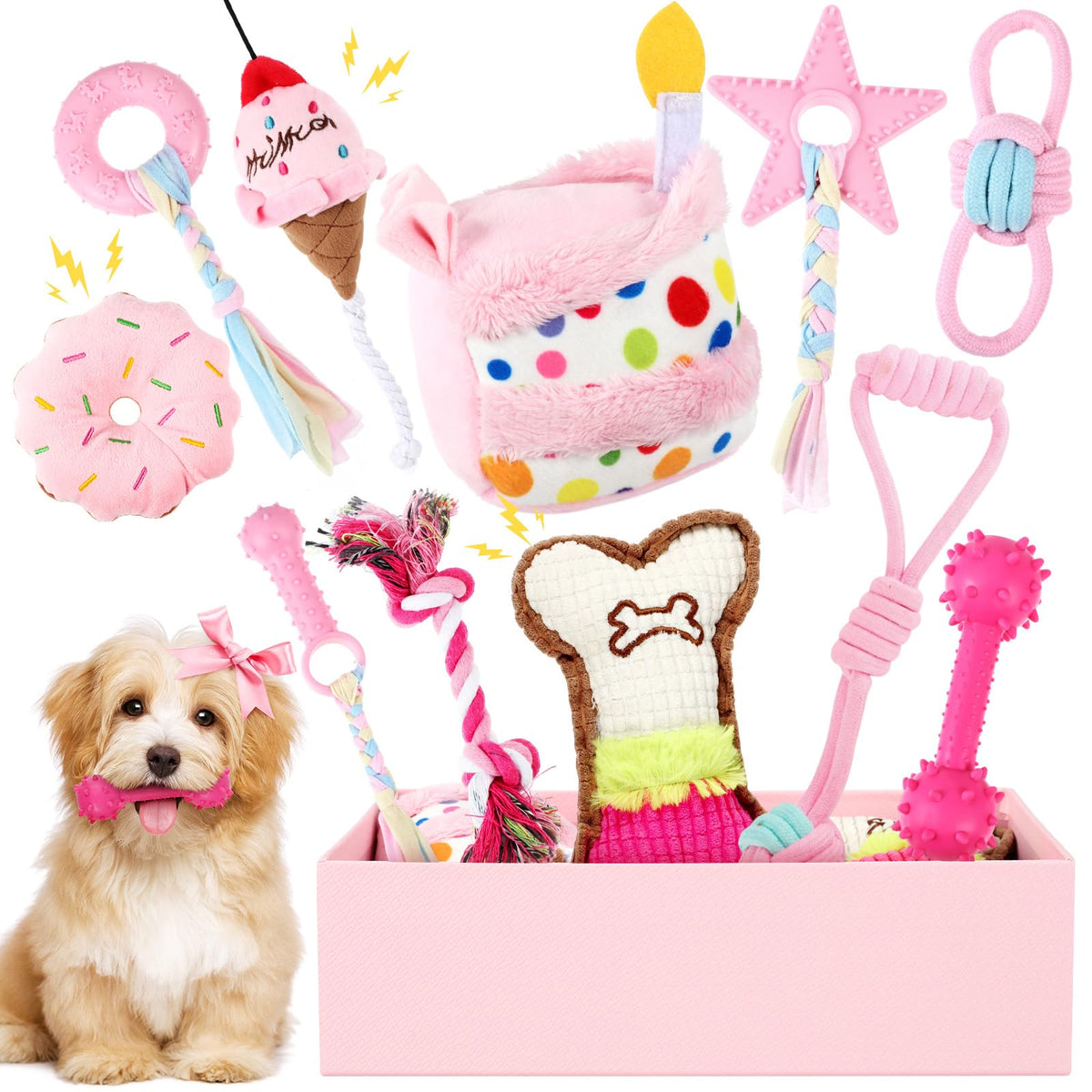 RoundFunny coffret devant boîte rose prêt à offrir, apparence festive
