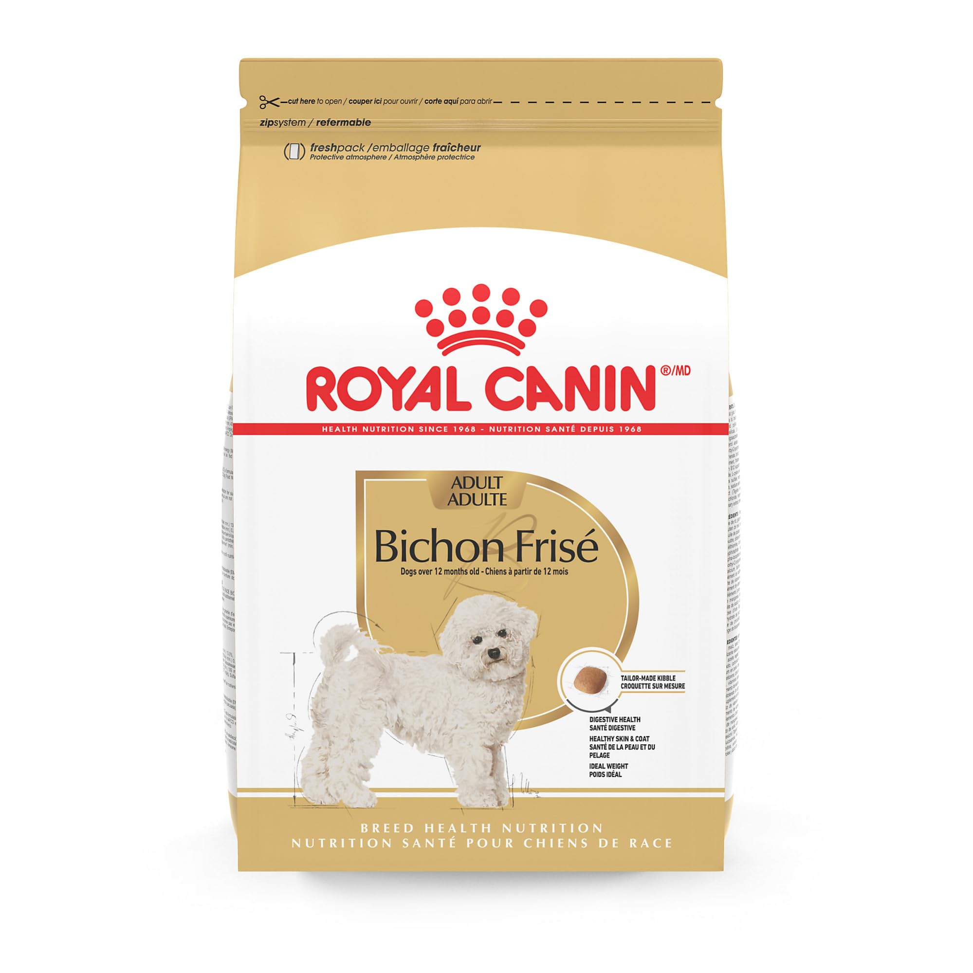 ROYAL CANIN sac avant montrant l’emballage et les bénéfices pour le Bichon Frise