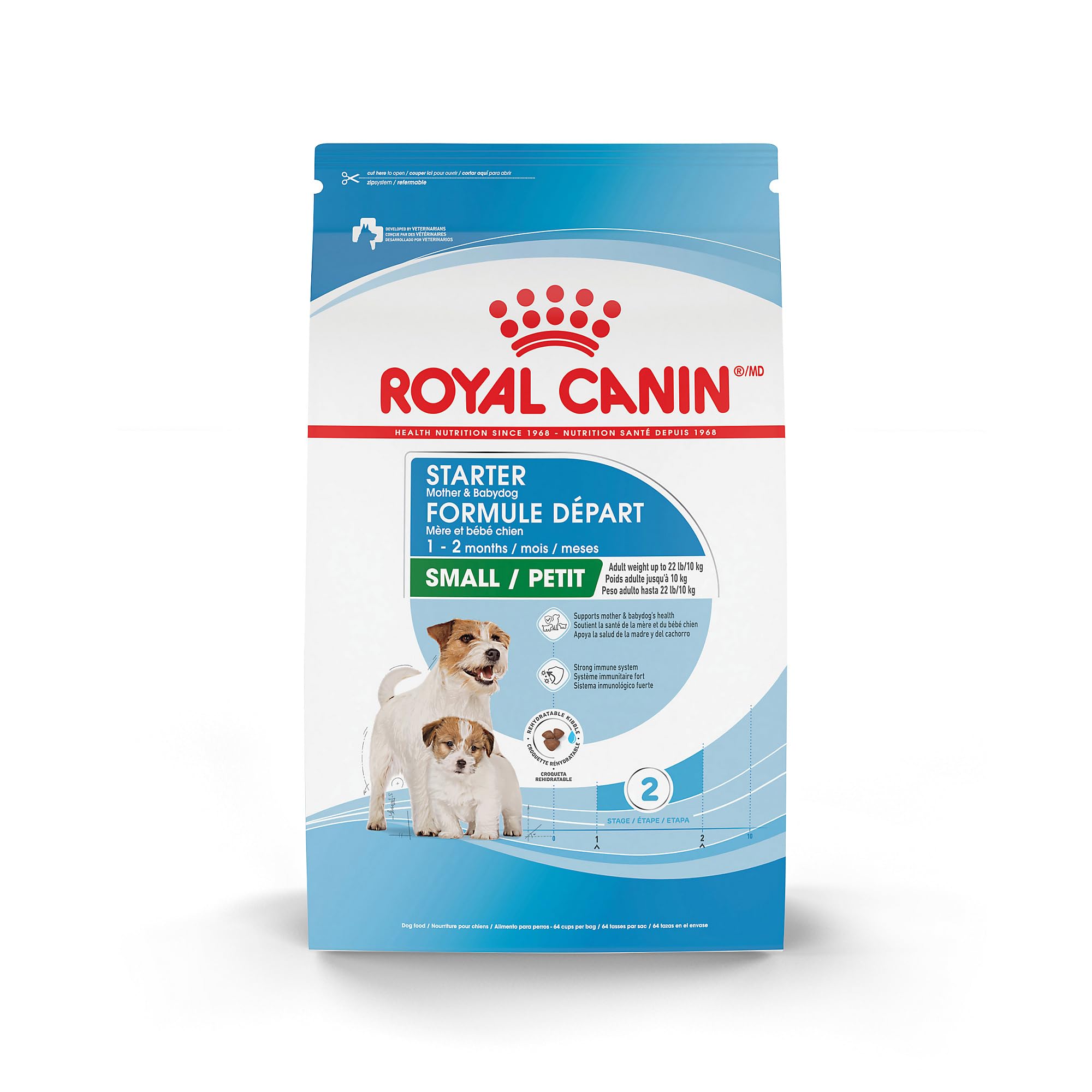 ROYAL CANIN emballage avant Small Starter montrant le format 14 lb et les bénéfices
