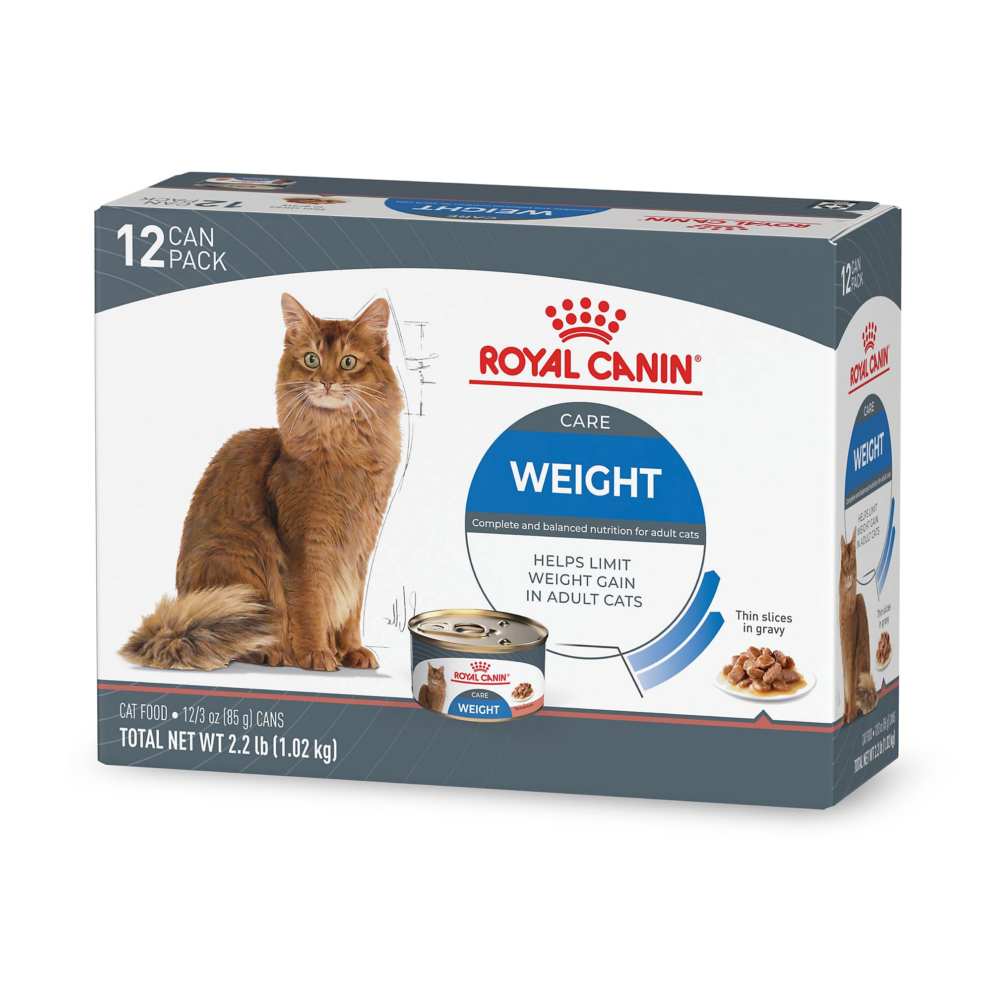 ROYAL CANIN emballage avant Weight Care montrant l’étiquette et bénéfices