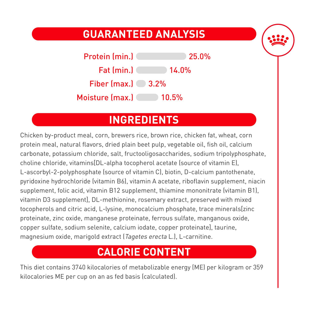 ROYAL CANIN détail d’étiquette mettant en avant formulation pour poids et os solides