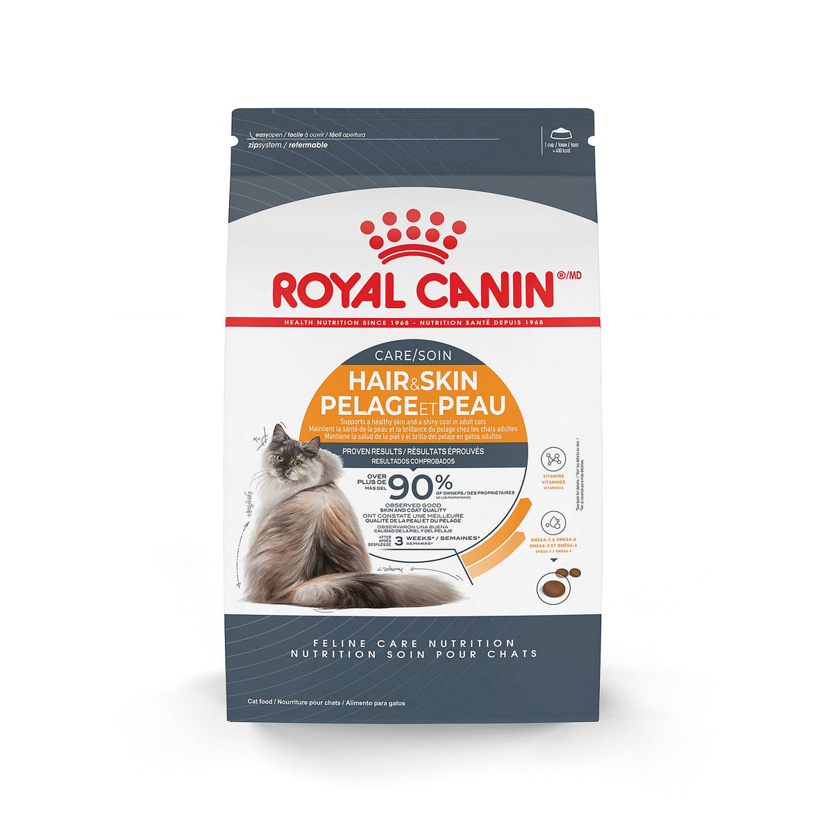 ROYAL CANIN emballage face montrant la formule Hair & Skin Care et bénéfice peau protégée