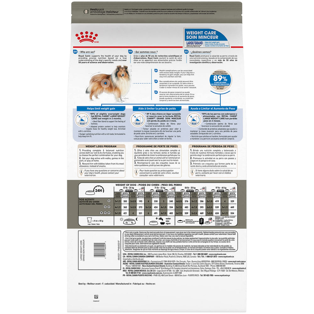 ROYAL CANIN étiquette nutritionnelle montrant nutriments clés pour gestion du poids