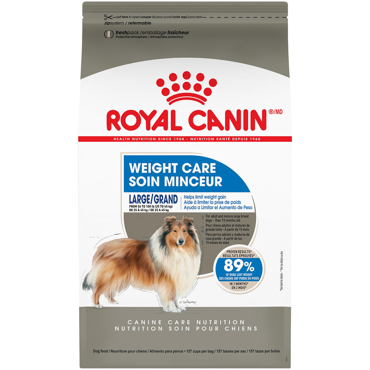 ROYAL CANIN grand sachet avant montrant l’emballage et la promesse perte de poids
