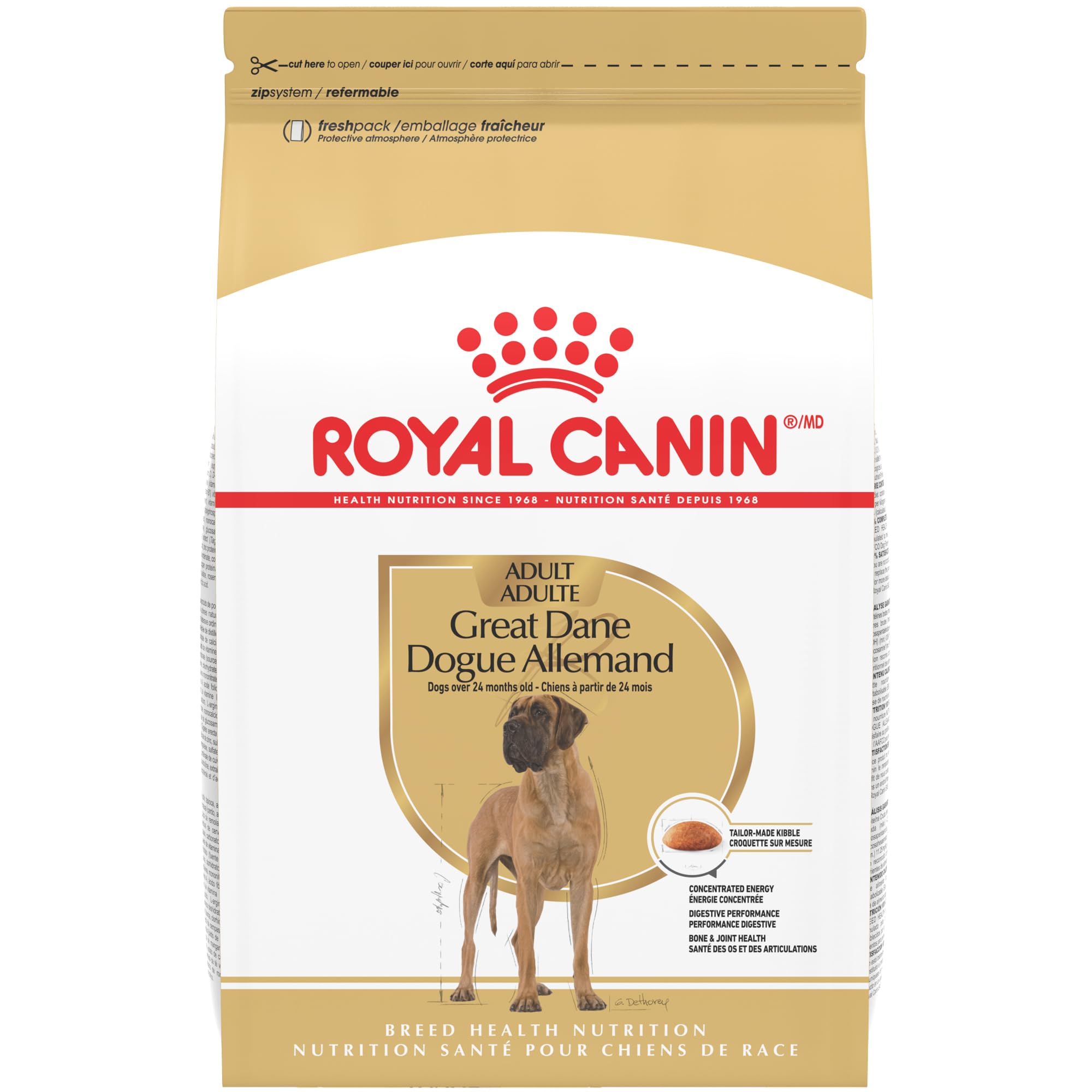 ROYAL CANIN emballage Great Dane face montrant format 30 lb et avantages