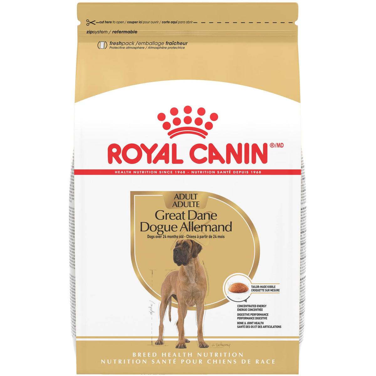 ROYAL CANIN emballage Great Dane face montrant format 30 lb et avantages