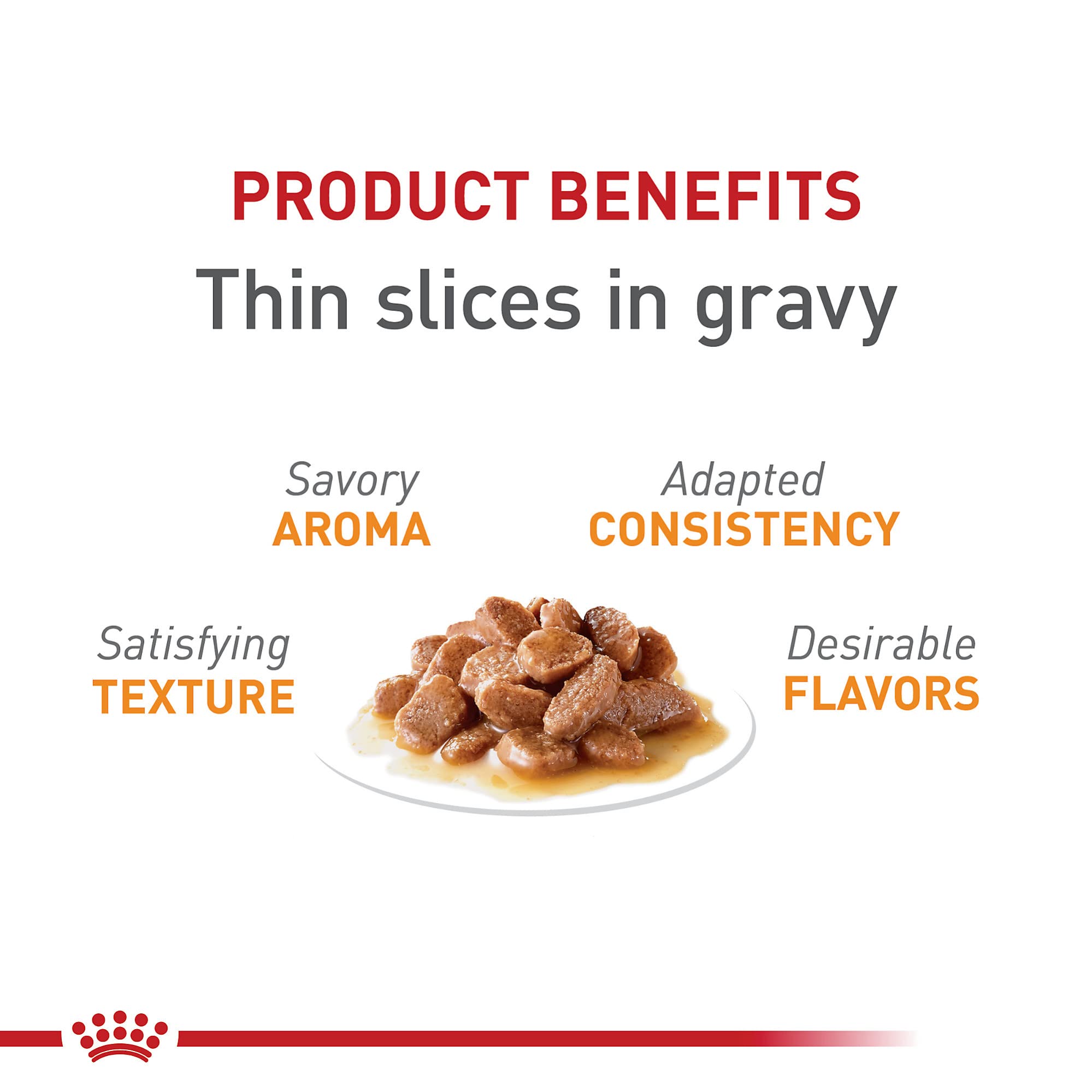 ROYAL CANIN gros plan texture des fines tranches, favorise plaisir gustatif