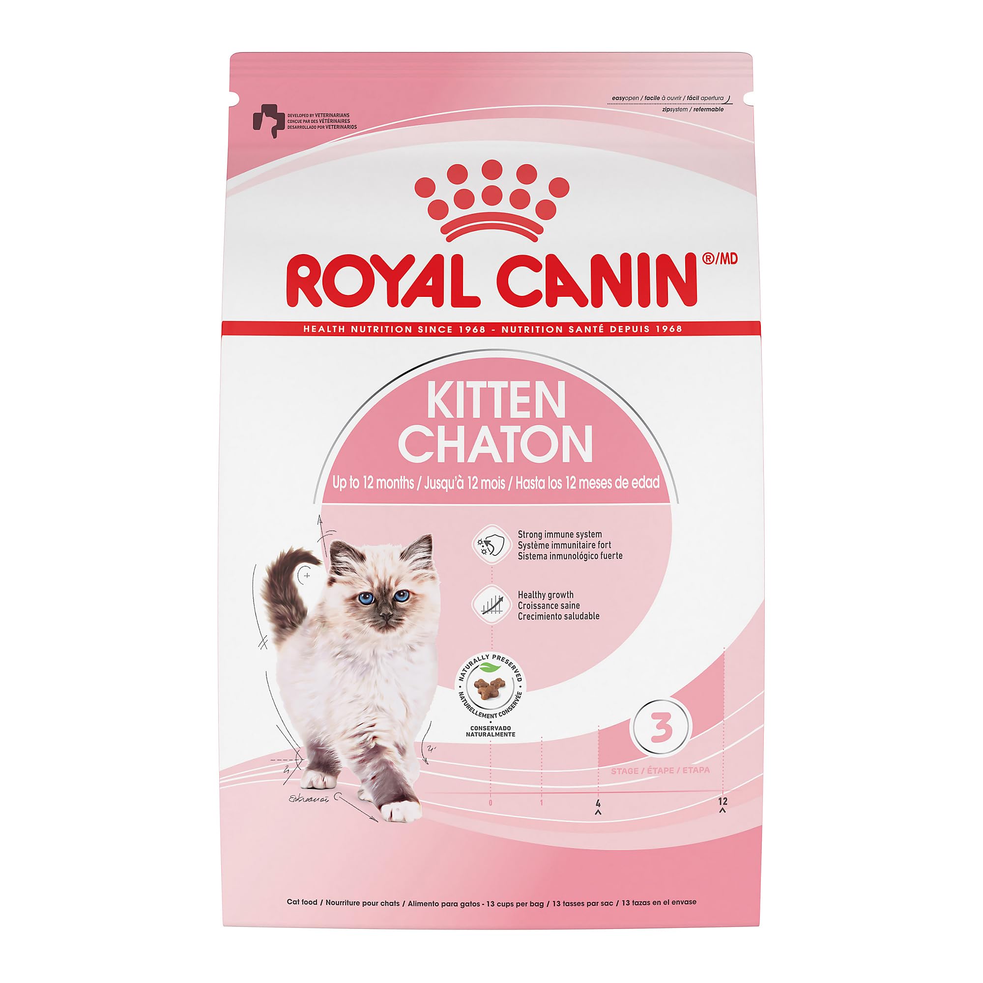 ROYAL CANIN emballage frontal montrant la formule Kitten et bénéfice nutritionnel
