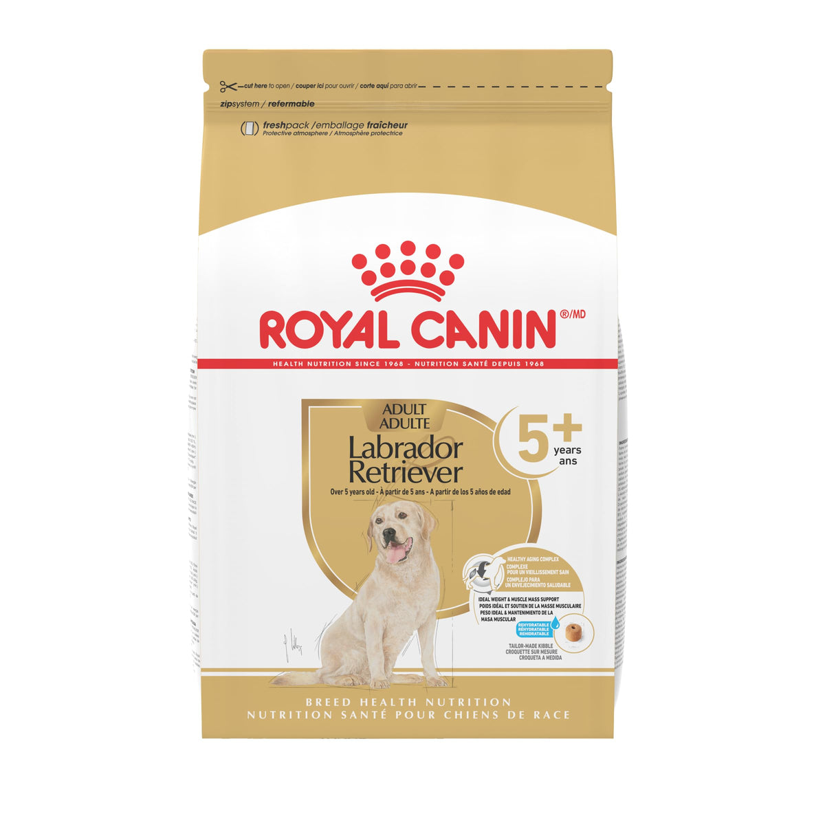 ROYAL CANIN emballage face montrant la référence Labrador 5+ et informations-clés