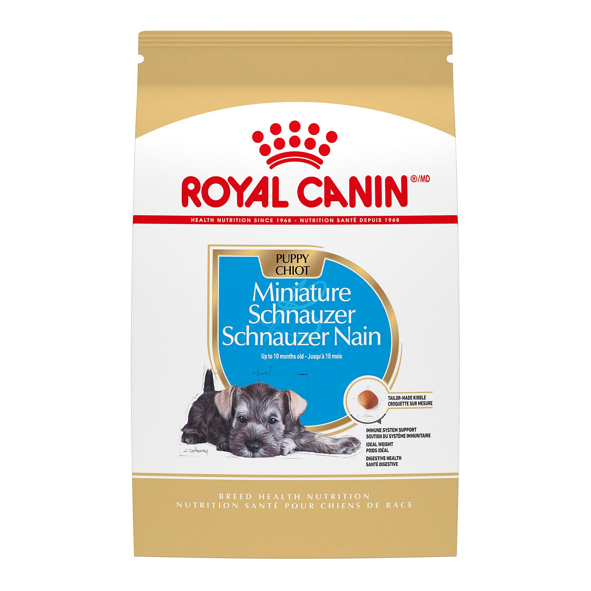 ROYAL CANIN sac face avant montrant la formule pour chiot Schnauzer nain bénéfice nutrition ciblée