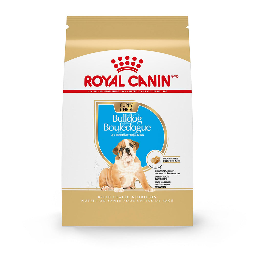 ROYAL CANIN emballage devant montrant la formule Bulldog Puppy et bénéfice précis