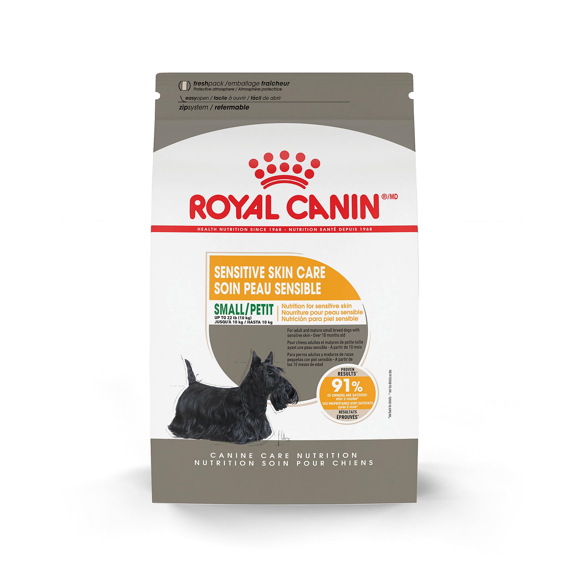 ROYAL CANIN emballage avant montrant formule Small Sensitive Skin Care et bénéfice peau nourrie
