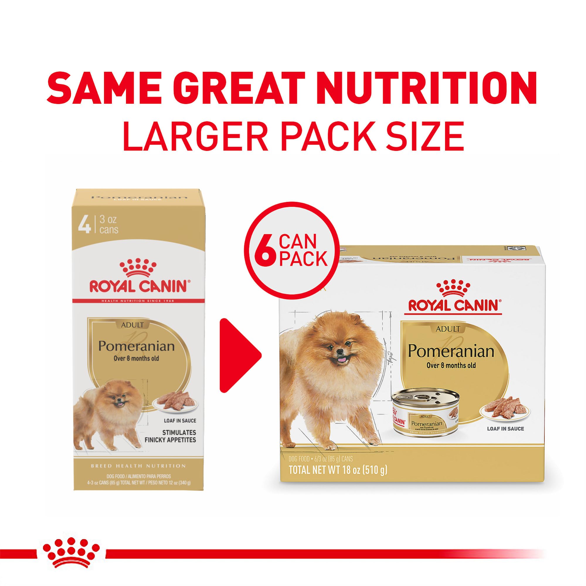 ROYAL CANIN boîte ouverte révélant pâtée appétente pour pomeranian