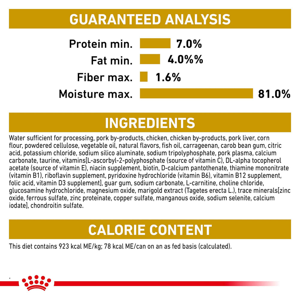 ROYAL CANIN étiquette ingrédient illustrant formulation ciblée