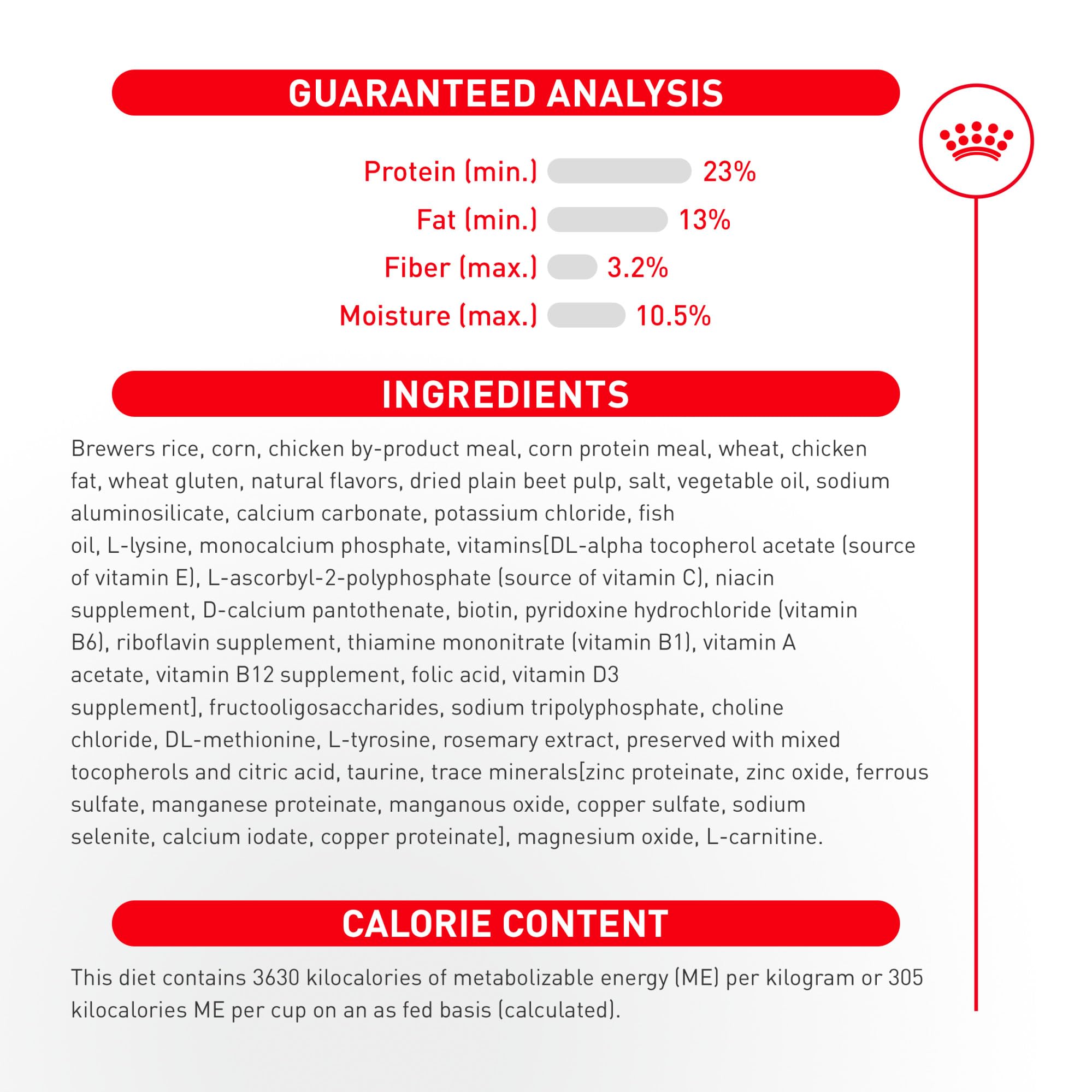 ROYAL CANIN verso de l’emballage avec tableau d’analyse et mode d’emploi visible