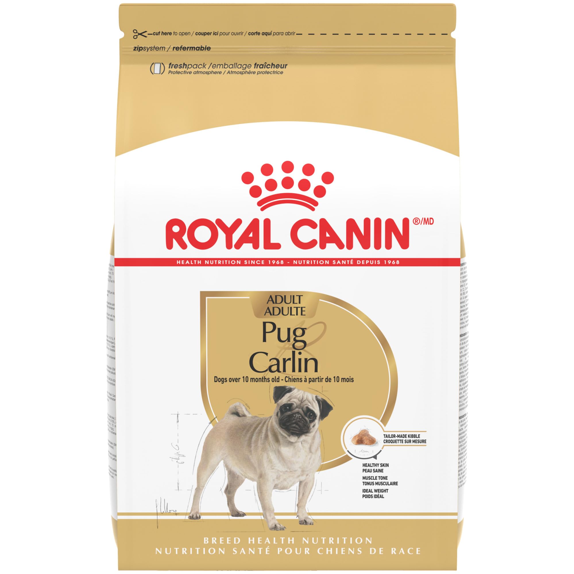 ROYAL CANIN emballage avant montrant formule Pug et bénéfices pour la race