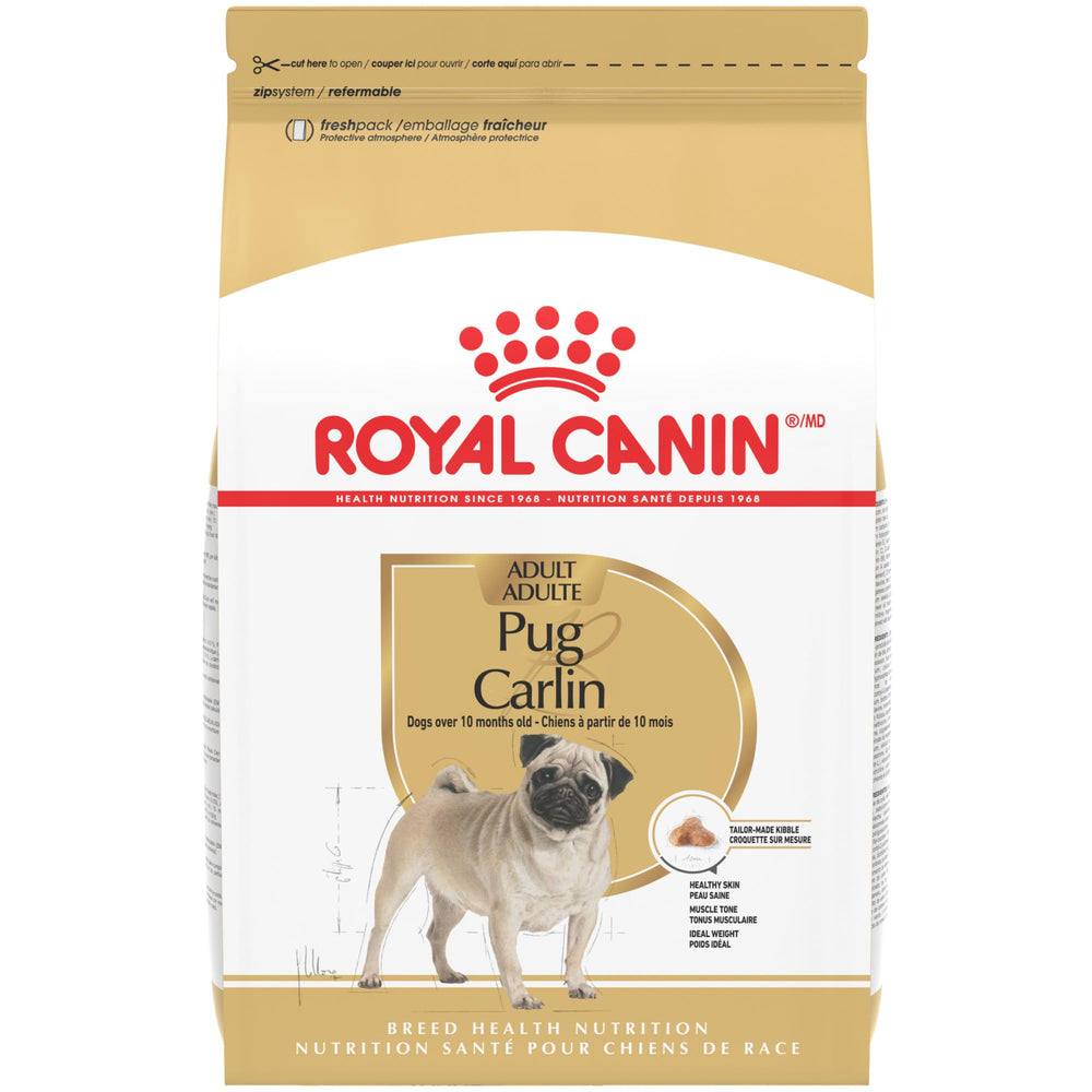 ROYAL CANIN emballage avant montrant formule Pug et bénéfices pour la race