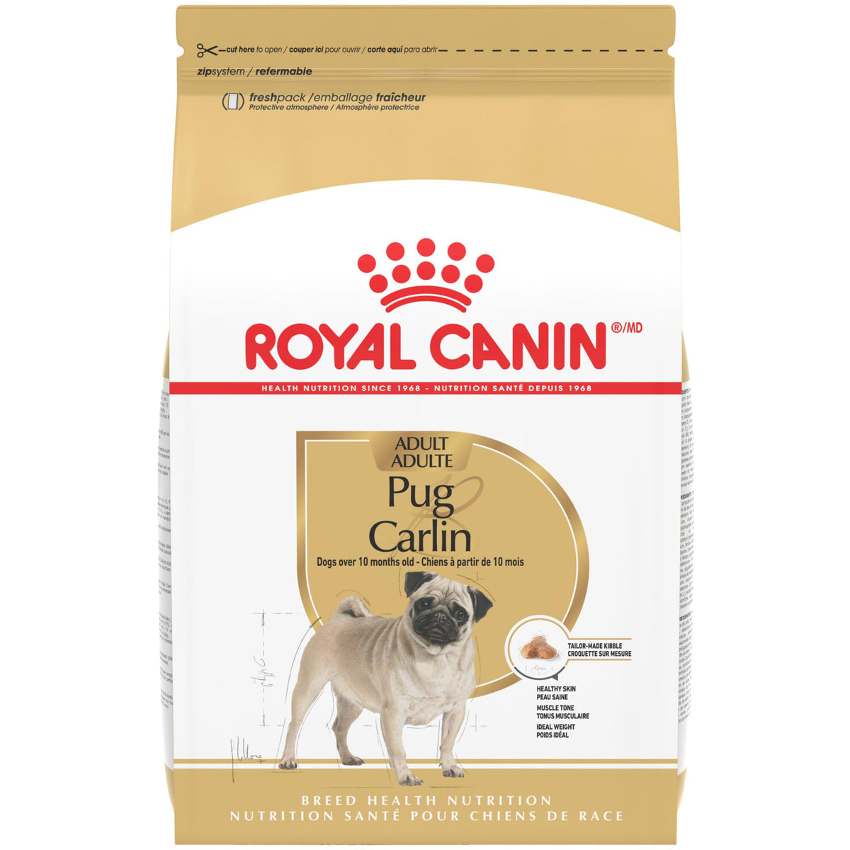 ROYAL CANIN emballage avant montrant formule Pug et bénéfices pour la race