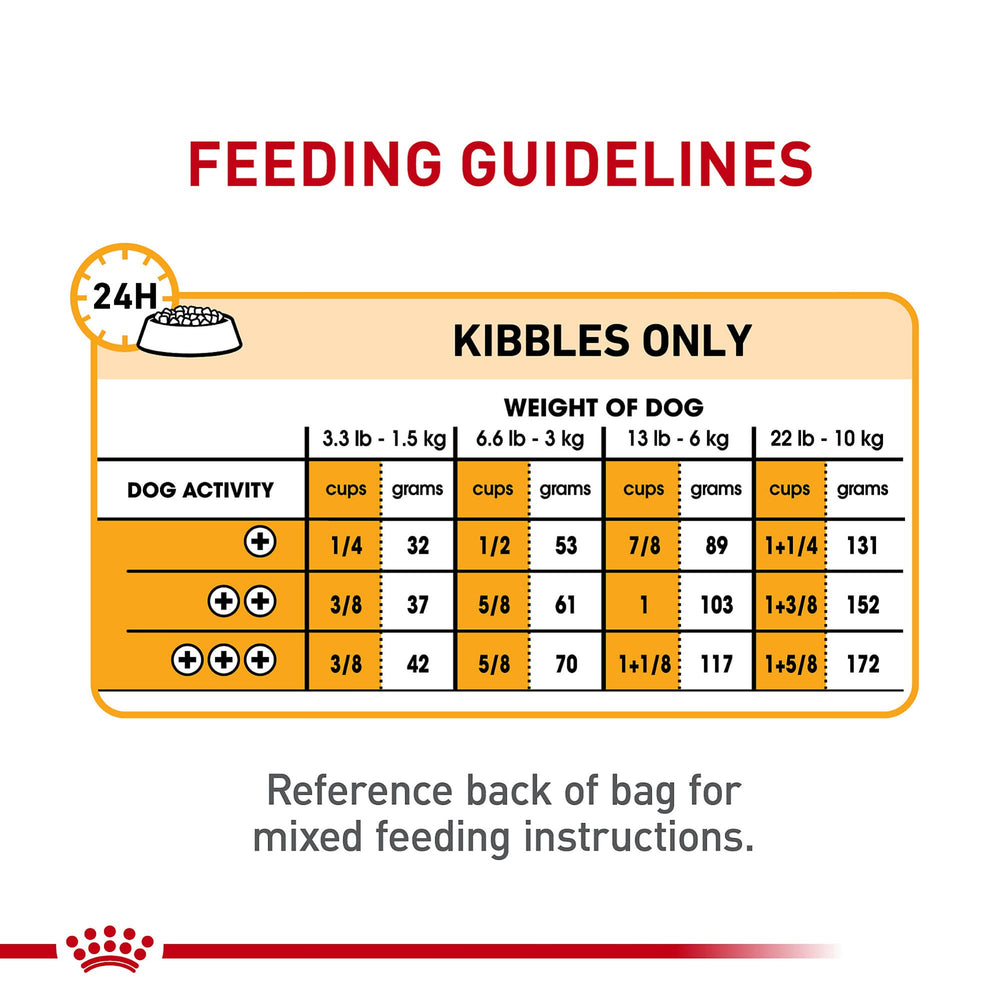 ROYAL CANIN sac 3 lb posé debout montrant dimensions pratiques et formule ciblée