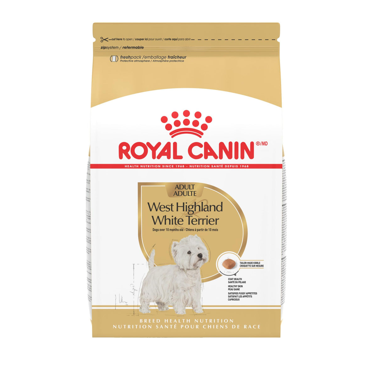 ROYAL CANIN avant du paquet montrant l'emballage spécifique West Highland White Terrier, bénéfice clarté