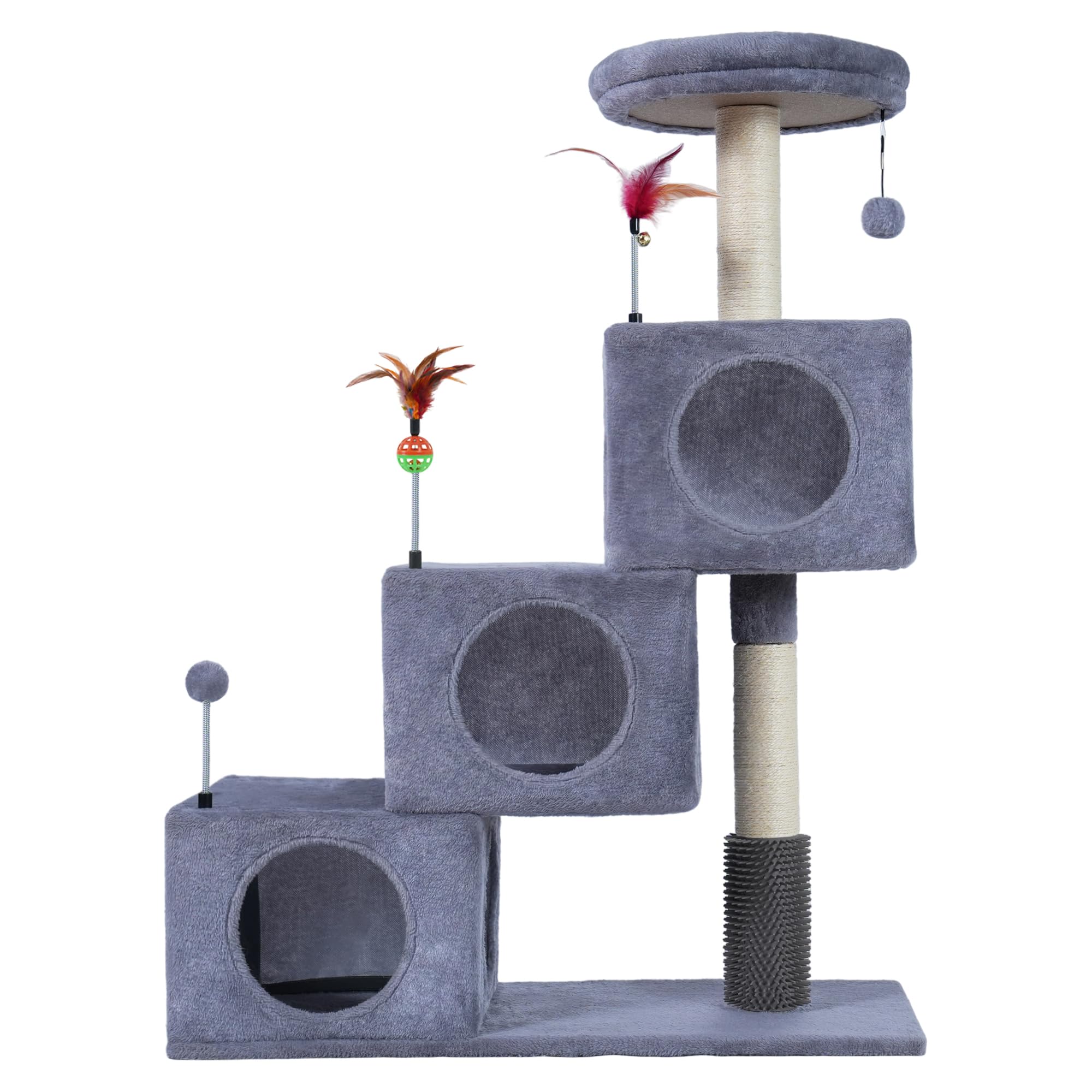Roypet vue frontale de l'arbre à chat montrant condos et plateforme, gain de confort