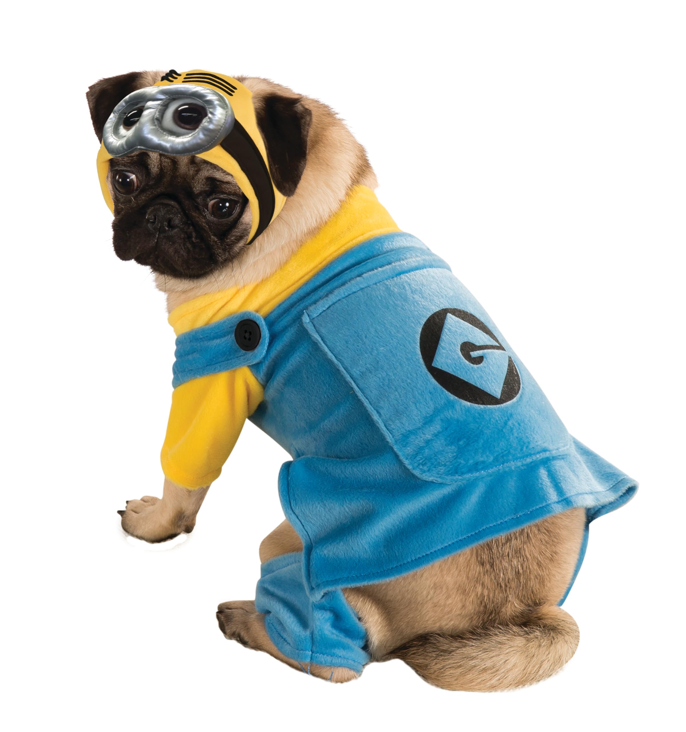 Rubies Minion face avant sur chien montrant un look amusant