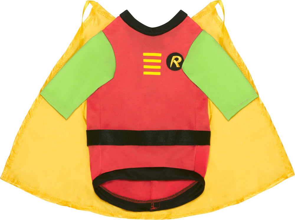 Rubies chien portant le costume Robin en extérieur, look héroïque