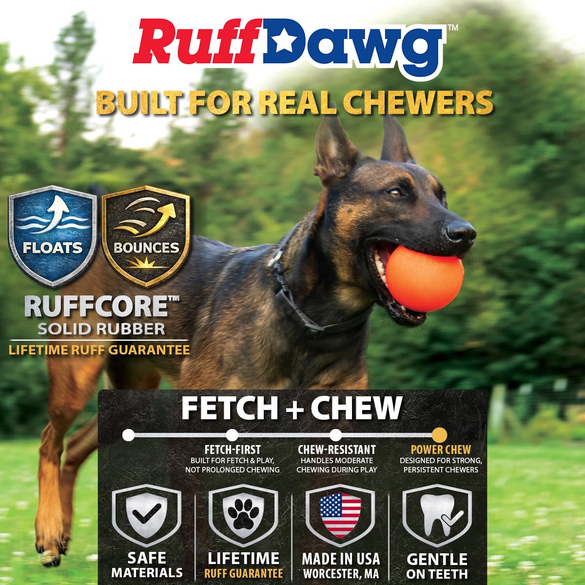 Ruff Dawg gros plan sur texture en caoutchouc, durable et antidéchirure