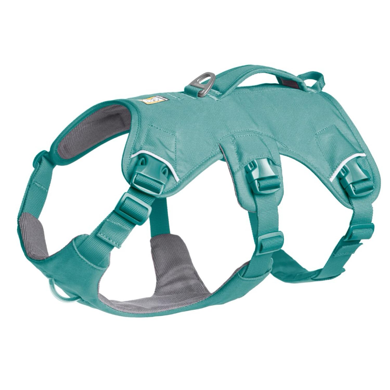Ruffwear harnais Web Master face avant montrant la coupe et la couleur River Rock Green, maintien accru
