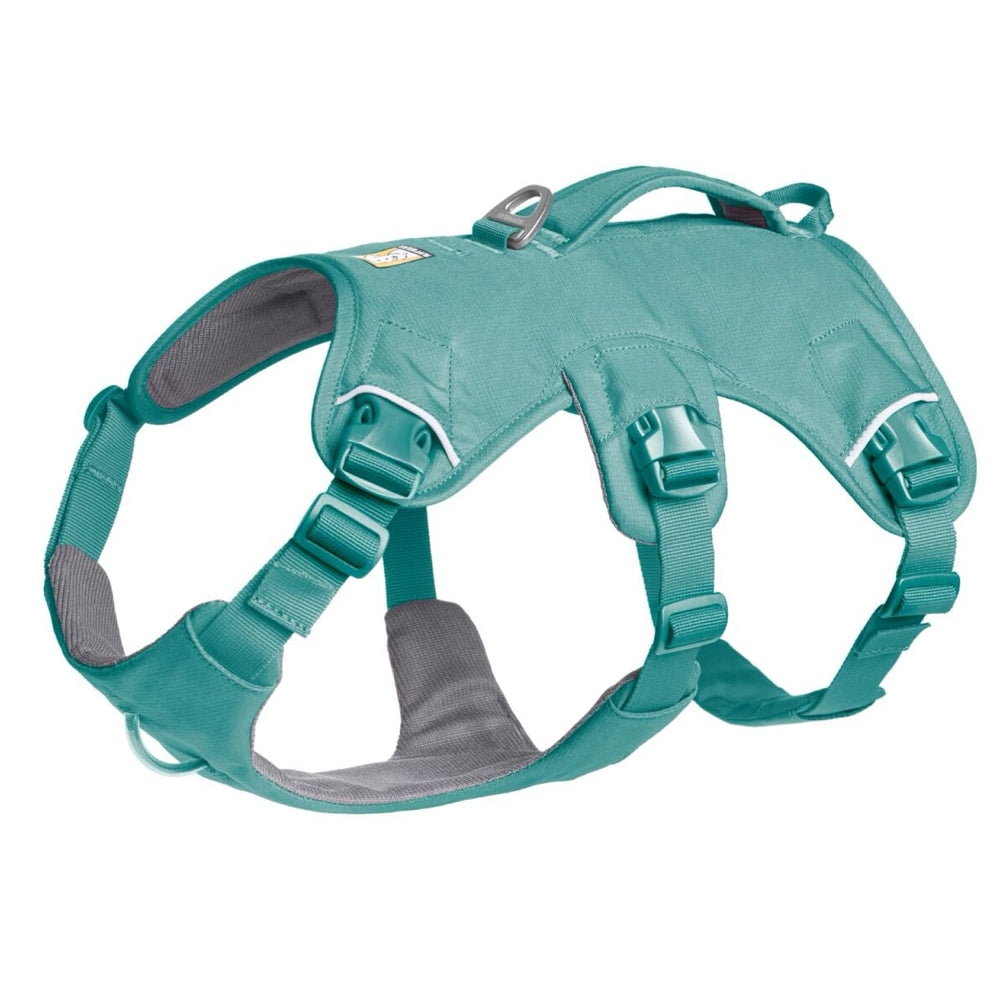 Ruffwear harnais Web Master face avant montrant la coupe et la couleur River Rock Green, maintien accru