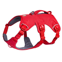 Ruffwear packaging avant montrant harnais et couleur rouge canyon, confortable et robuste