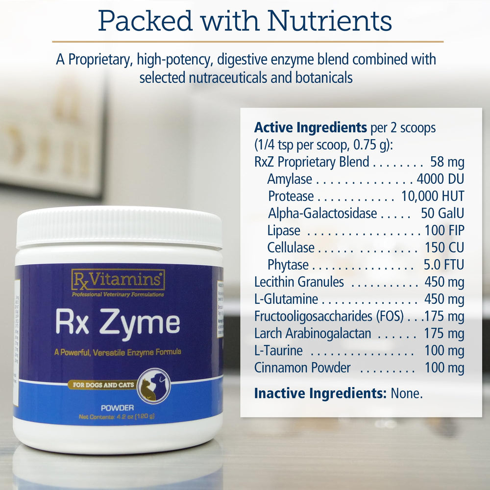 Rx Vitamins poudre saupoudrée sur croquettes favorisant appétit et confort