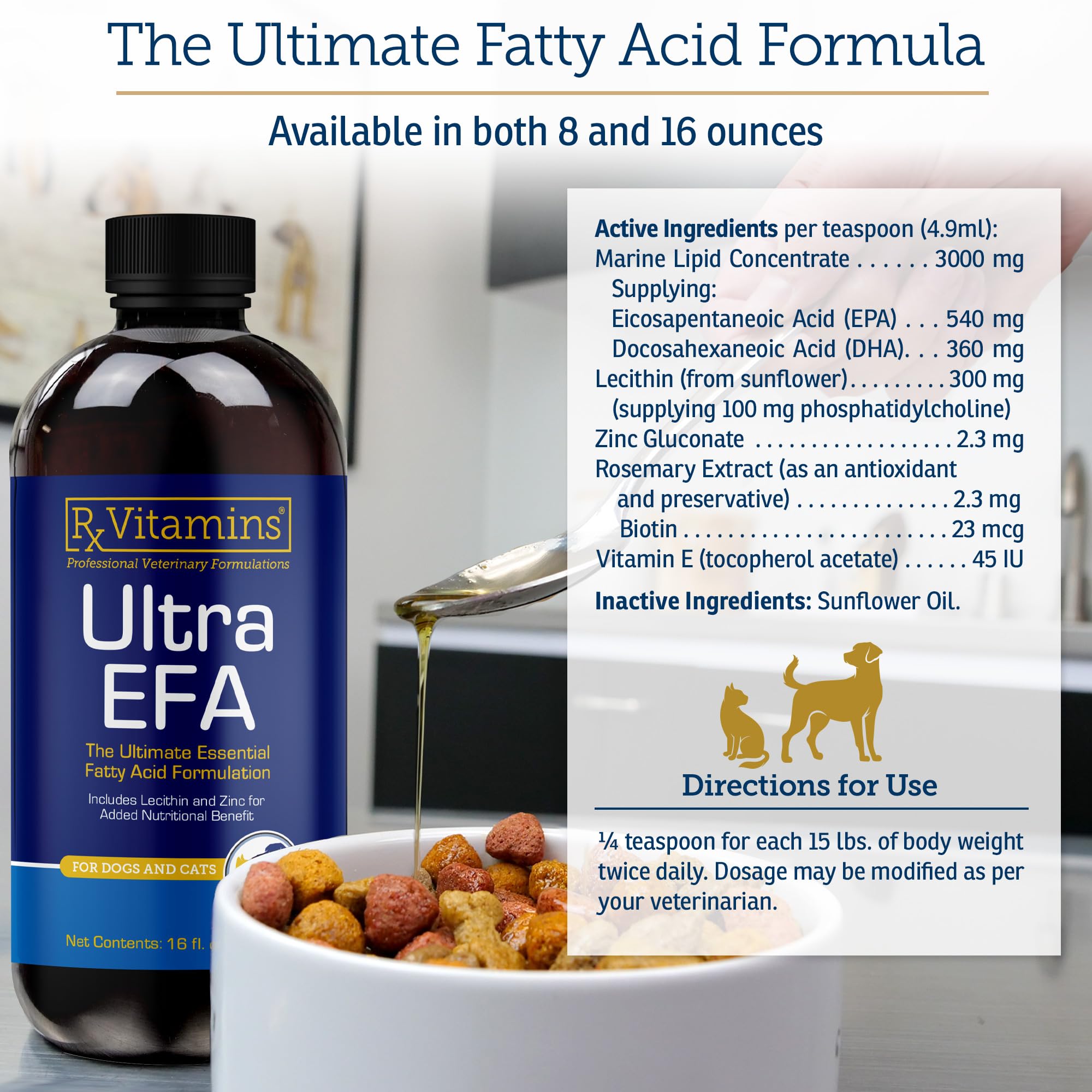 Flacon Rx Vitamins Ultra EFA versé sur nourriture pour acceptation par l'animal