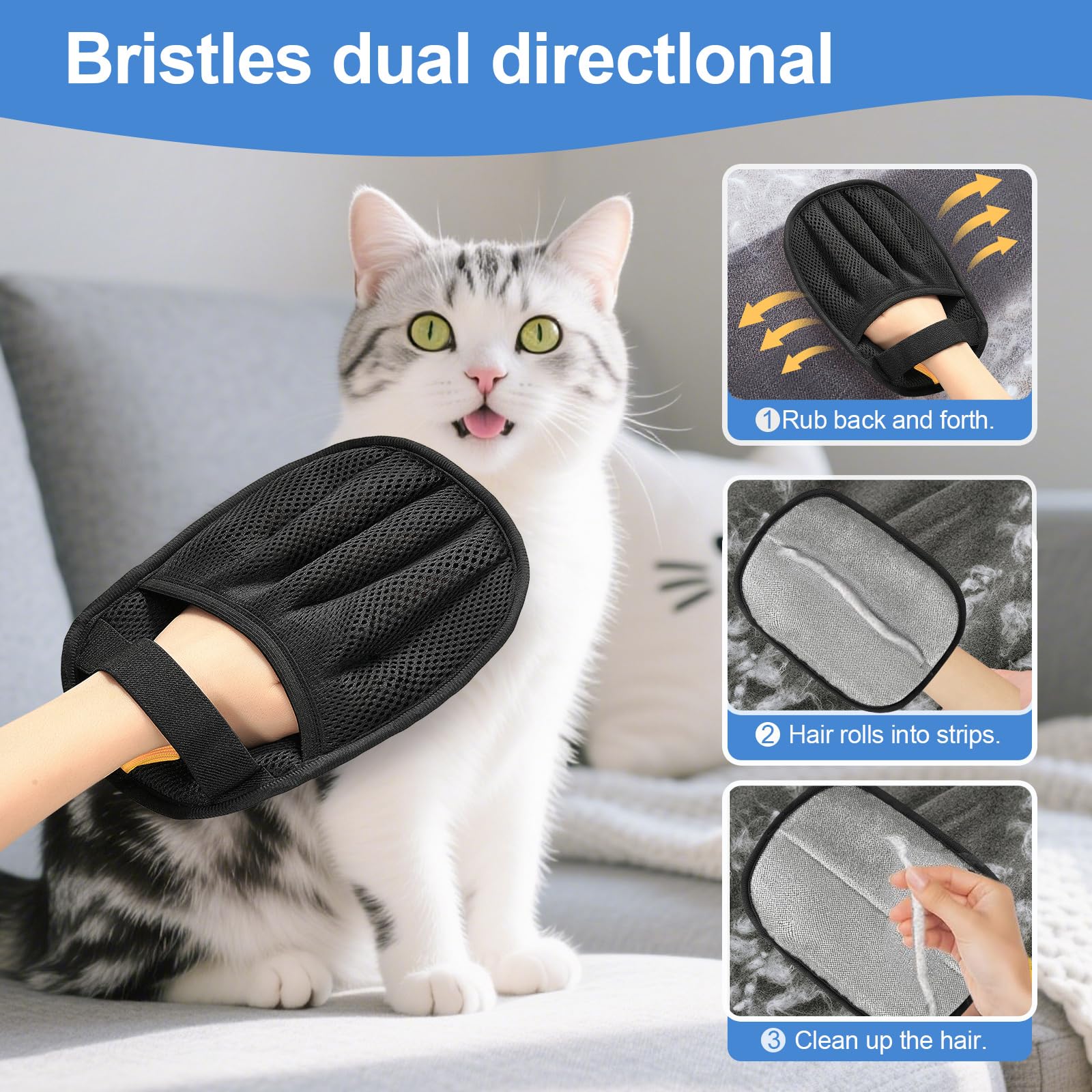 Gants Salhap en usage sur canapé retirant poils rapidement et proprement