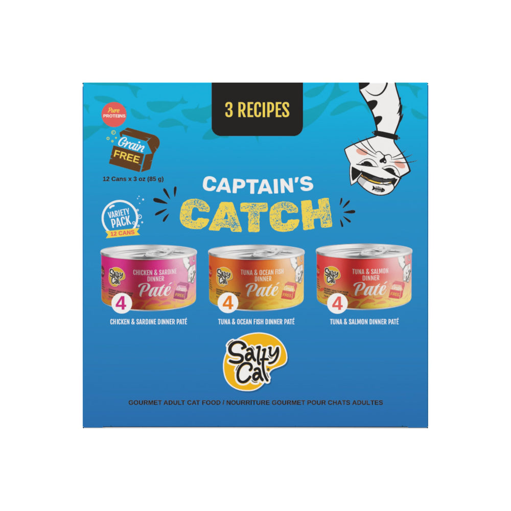 Salty Cat boîte avant du pack variété montrant les 12 canettes et bénéfice diversité