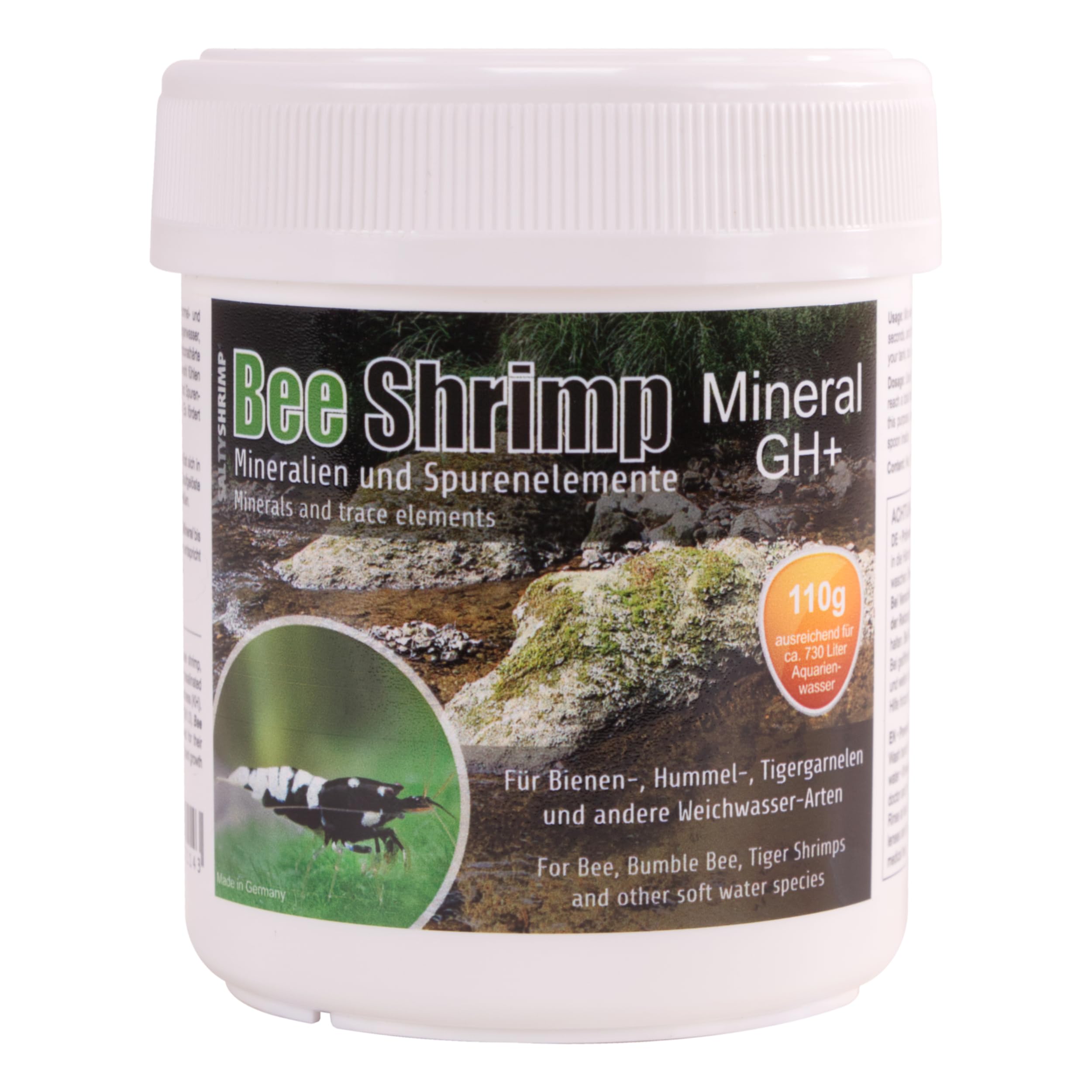 SALTYSHRIMP boîte avant Bee Shrimp Mineral GH+ montrant emballage et bénéfice dosage