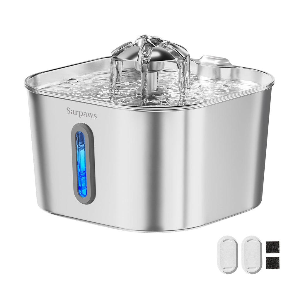 SARPAWS fontaine devant emballage montrant durabilité inox pour longue durée