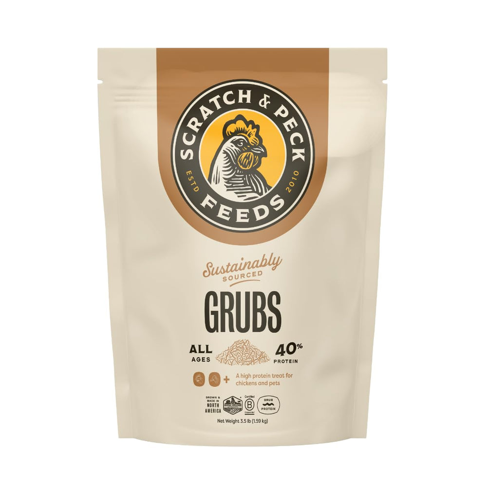 Scratch and Peck Feeds sachet avant montrant le produit et l’emballage, pratique pour stockage