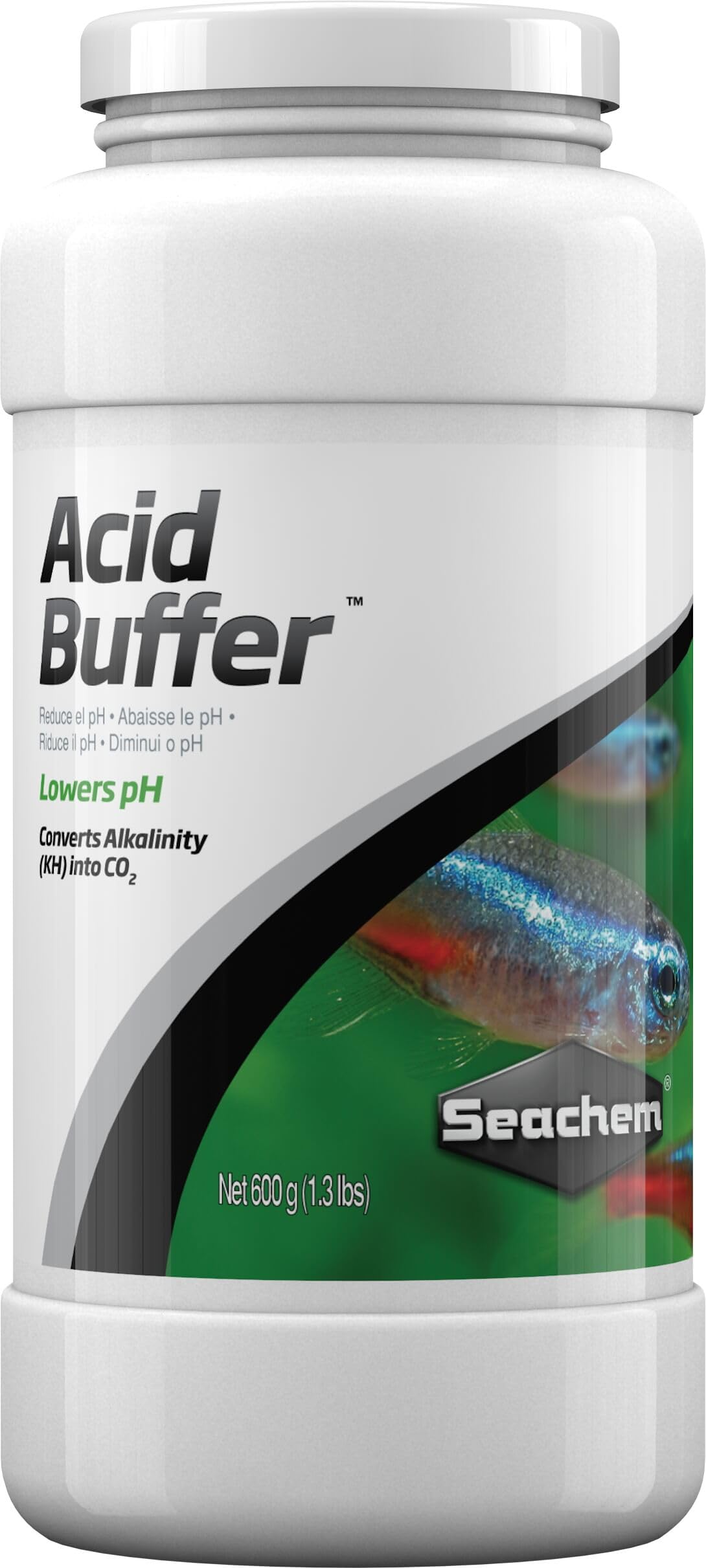 Seachem Acid Buffer emballage avant montrant le pot et les informations produit, utile pour identification