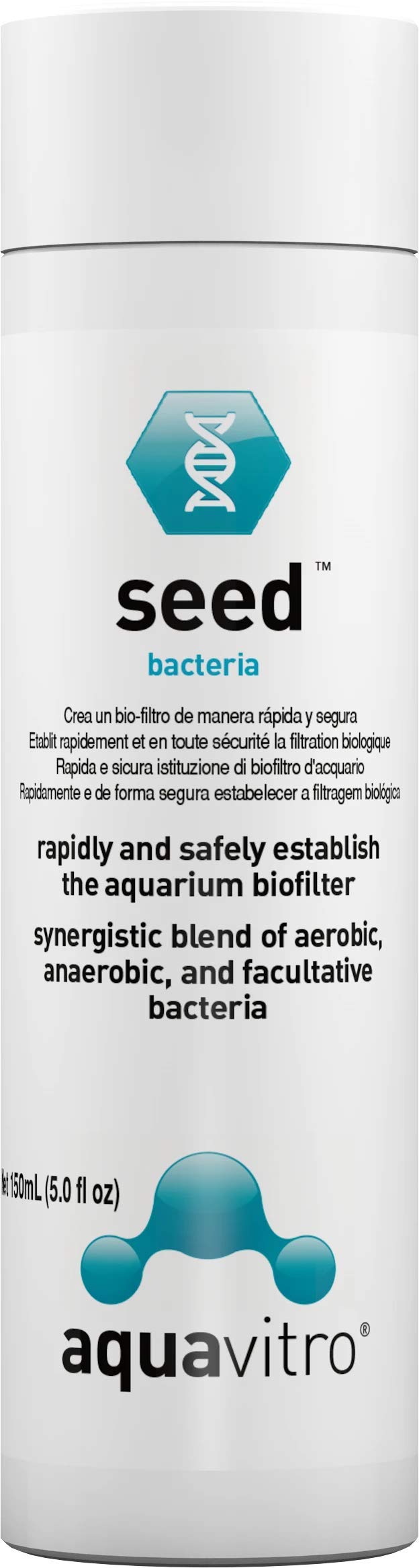 Seachem Aquavitro Seed flacon 150 ml montrant l'étiquette et bénéfice démarrage rapide