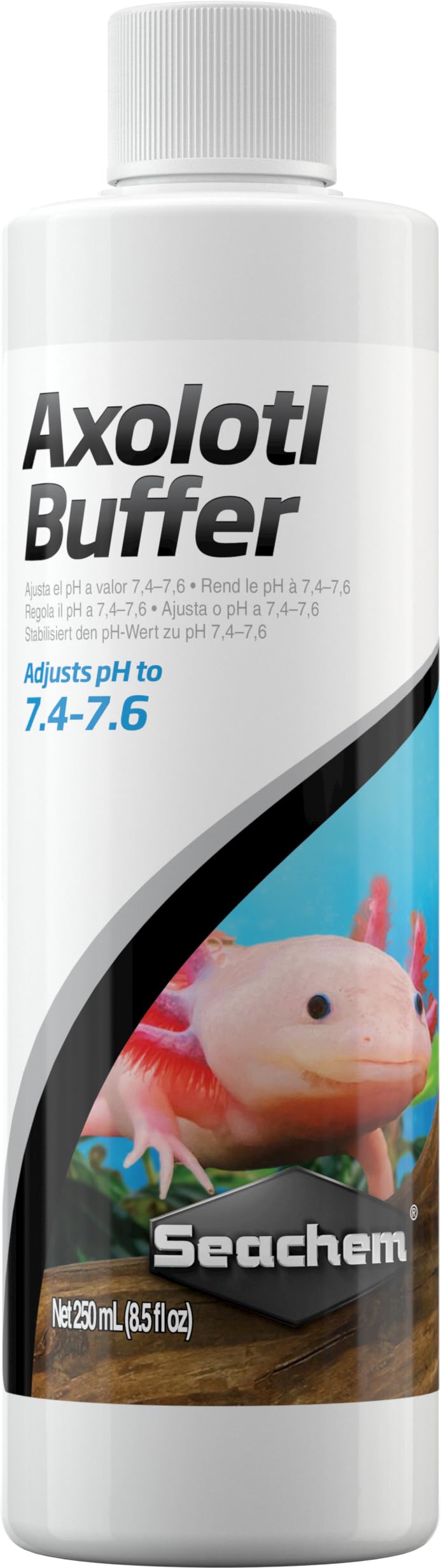 Seachem Axolotl Buffer flacon avant montrant l'étiquette et dosage pour un ajustement sûr du pH