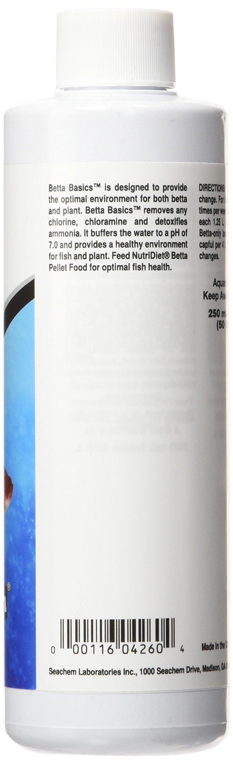 Seachem Betta Basics étiquette zoom lisible pour dosage et instructions