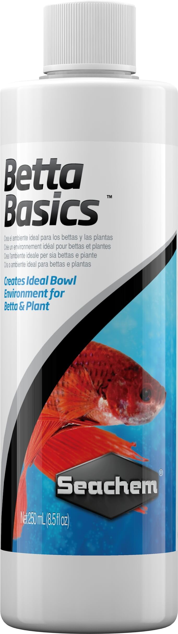 Seachem Betta Basics flacon avant montrant l'emballage et facilité d'utilisation