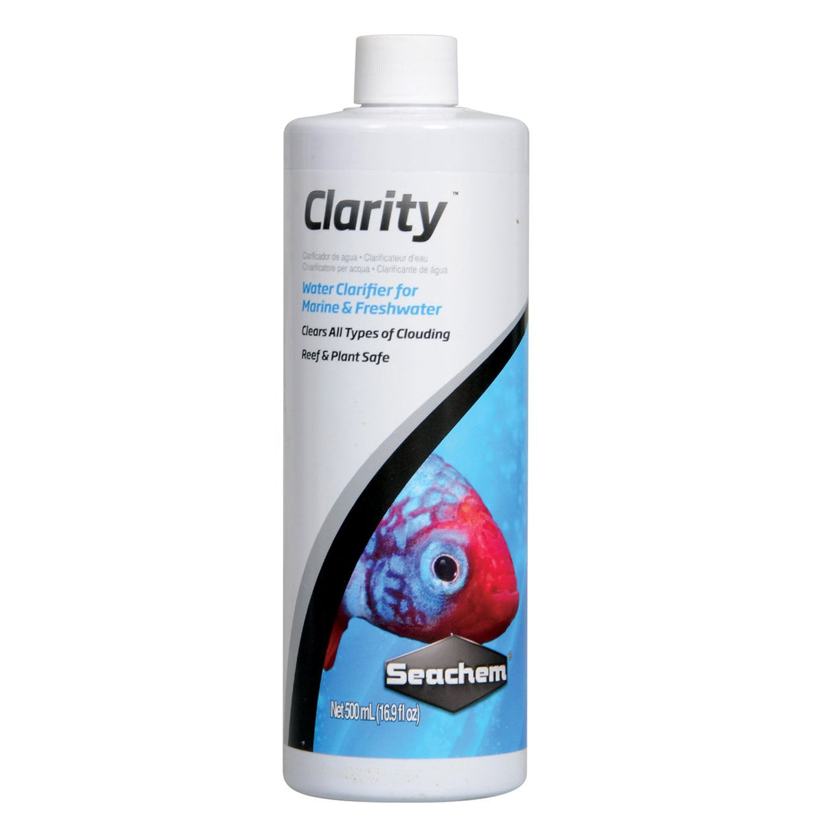 Seachem Clarity bouteille 500 ml montrant l'étiquette et un flacon pratique pour application rapide