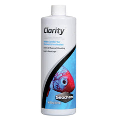 Seachem Clarity bouteille 500 ml montrant l'étiquette et un flacon pratique pour application rapide